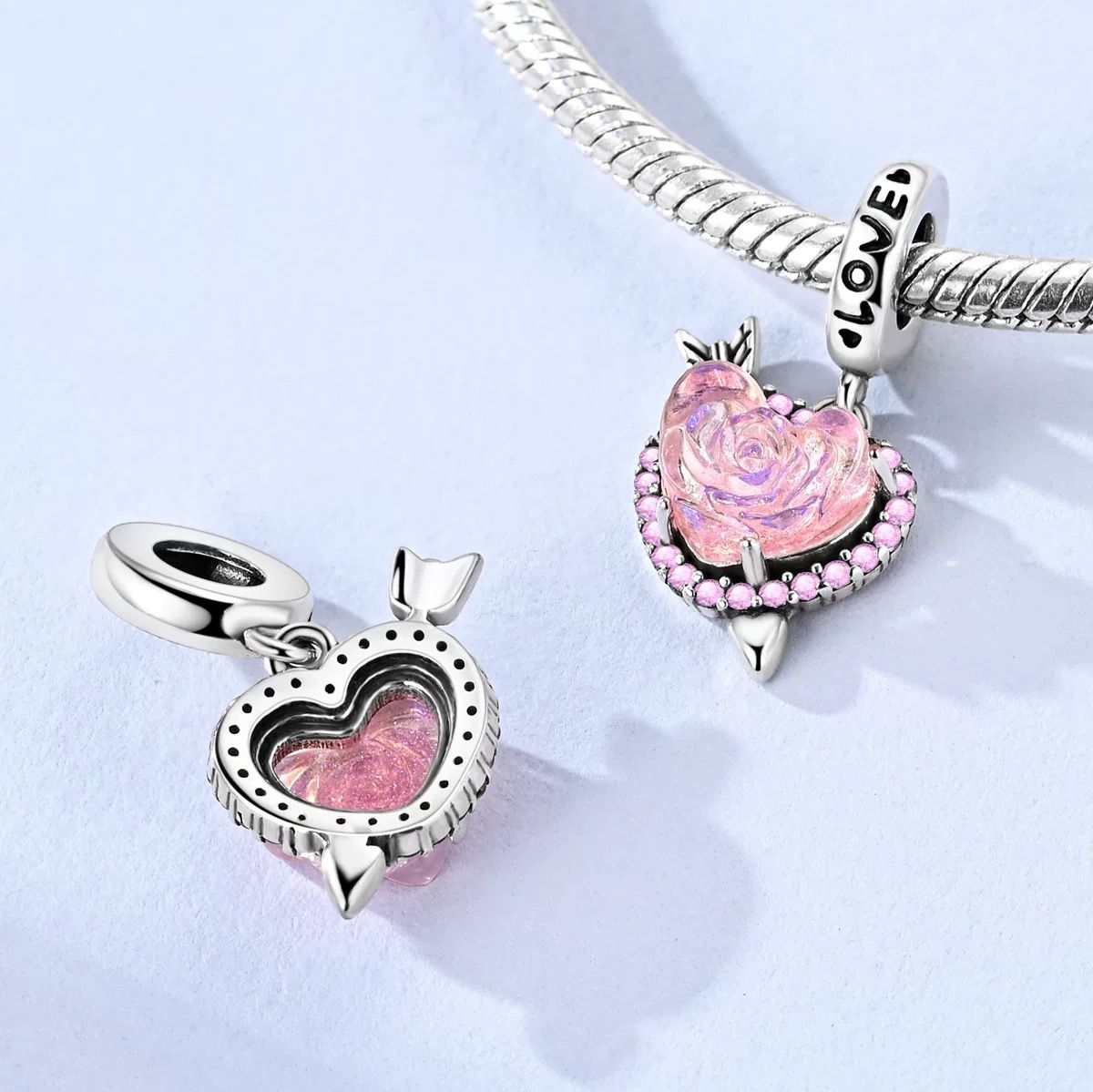 Pink Rose & Cupid Arrow Heart Dangle Charm