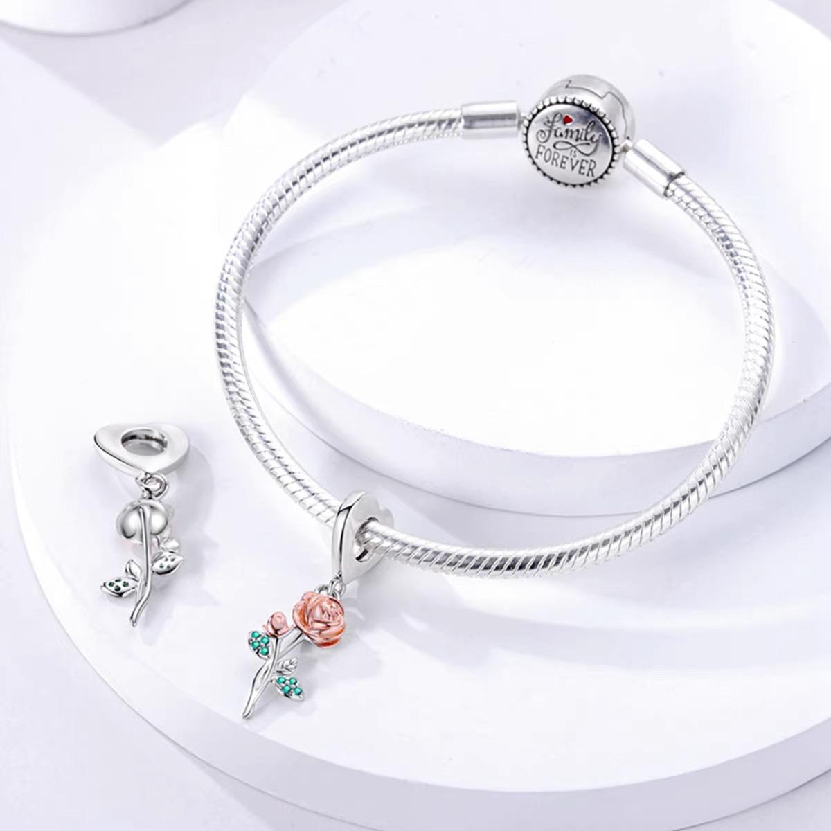 Rose Gold Rose & Emerald CZ Stem Dangle Charm