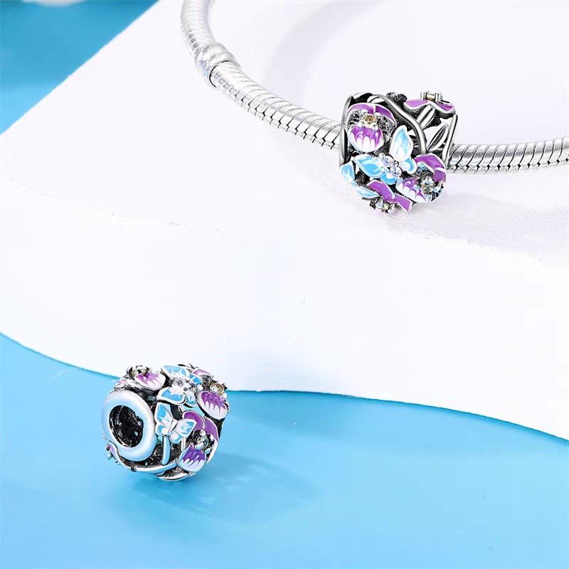 Purple Floral Garden Heart Enamel CZ Bead Charm