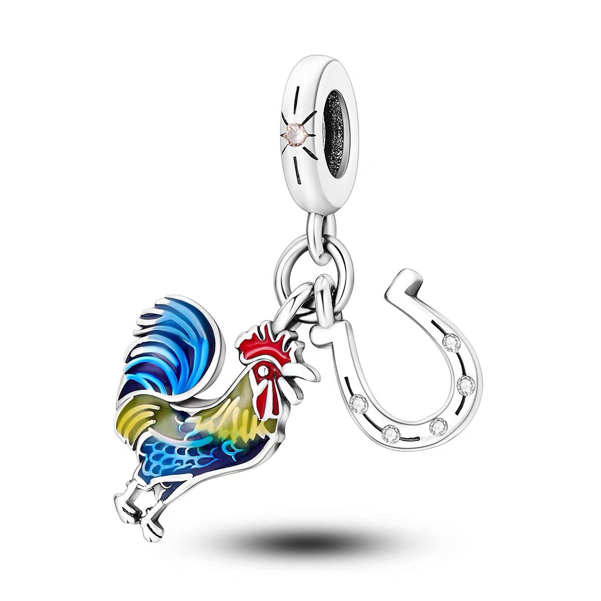 Lucky Rooster & Horseshoe Multicolor Enamel CZ Dangle Charm