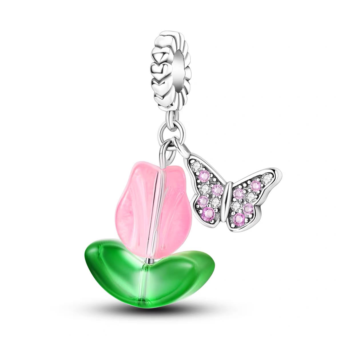 Pink Tulip & Butterfly Dangle Charm