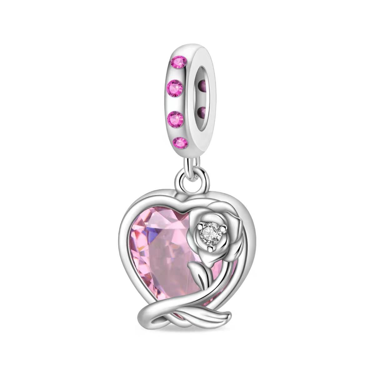 Pink Crystal Rose Heart Dangle Charm