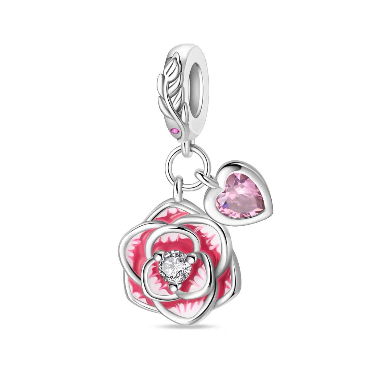 Pink Enamel Rose & Heart Dangle Charm