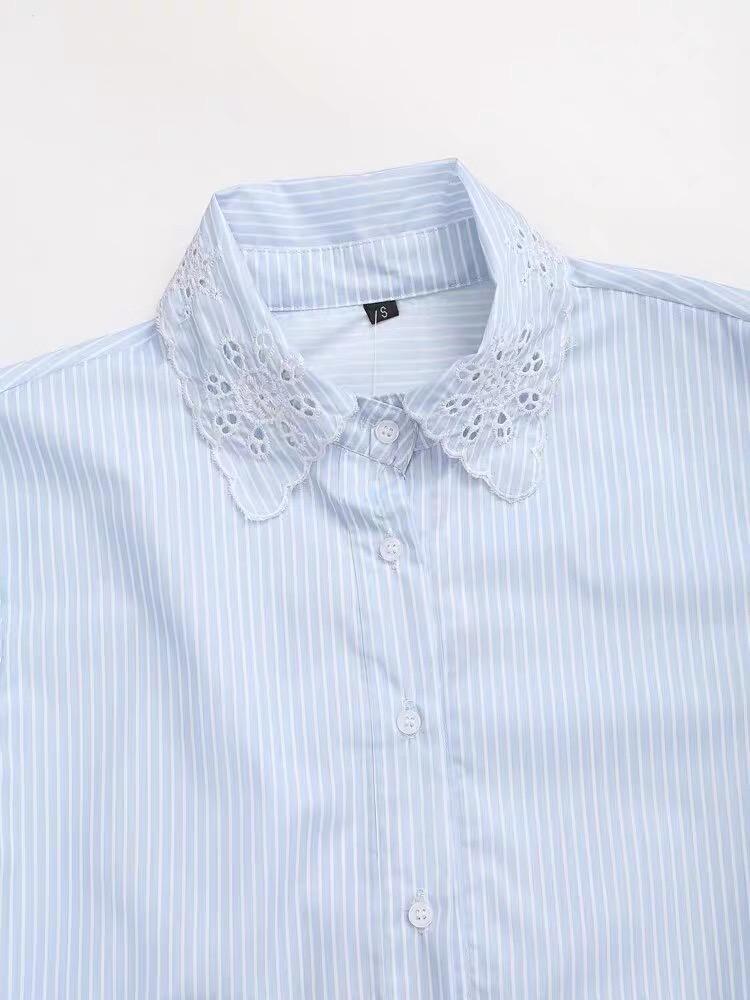 EMBROIDERED COLLAR STRIPED BLOUSE