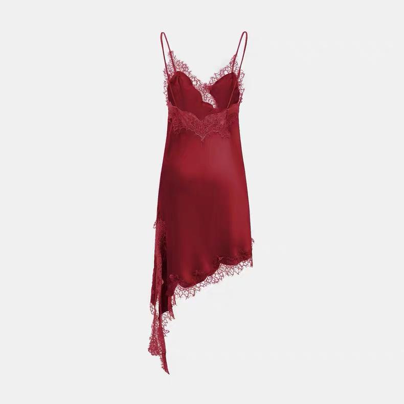 ASYMMETRIC LACE TRIM SLIP DRESS