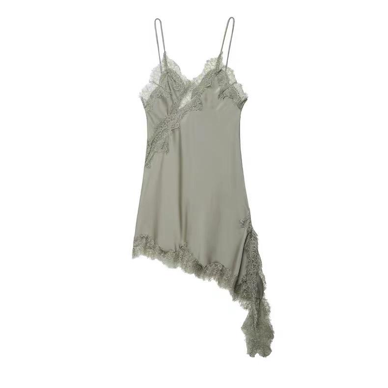 ASYMMETRIC LACE TRIM SLIP DRESS