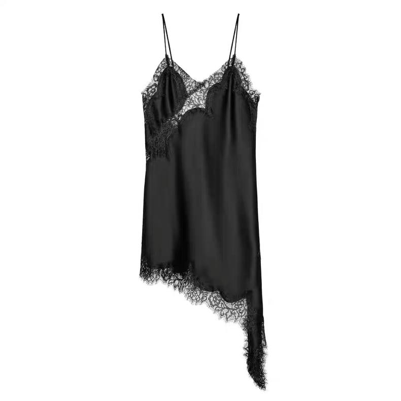 ASYMMETRIC LACE TRIM SLIP DRESS