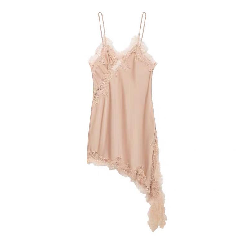 ASYMMETRIC LACE TRIM SLIP DRESS