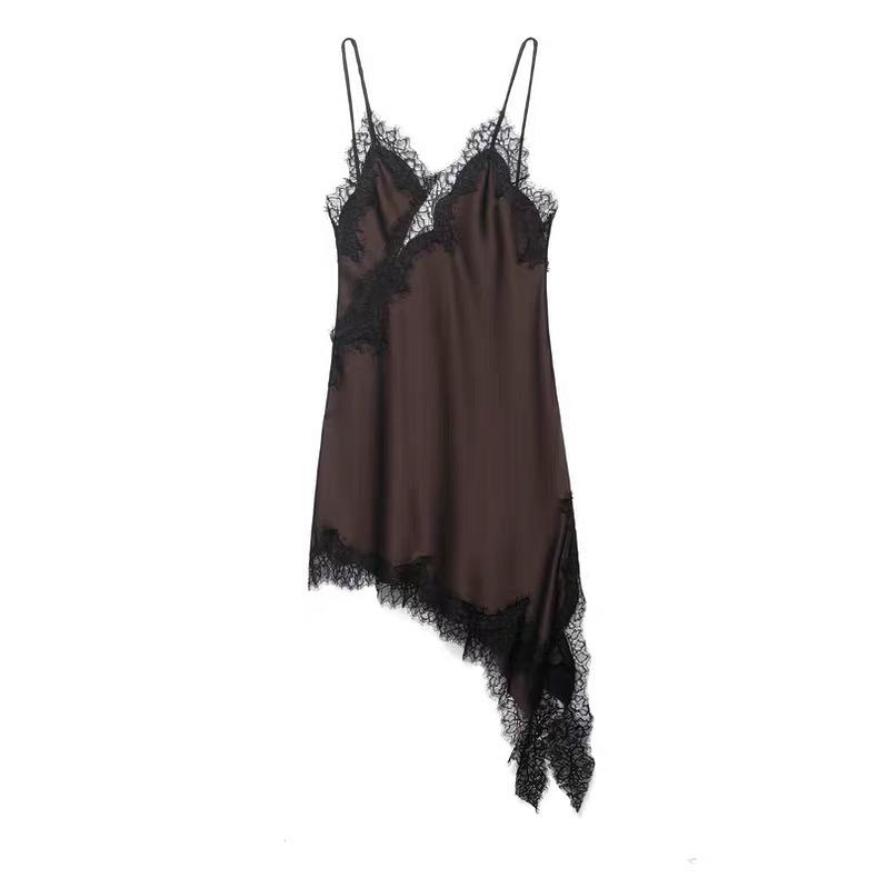 ASYMMETRIC LACE TRIM SLIP DRESS