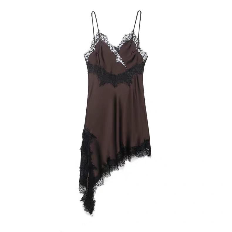 ASYMMETRIC LACE TRIM SLIP DRESS