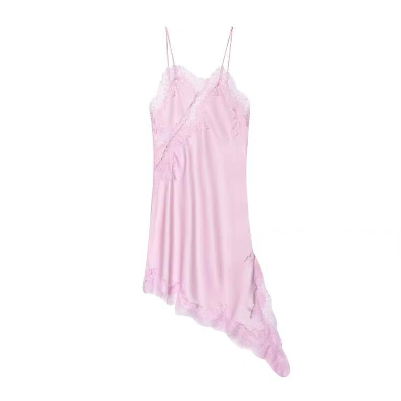 ASYMMETRIC LACE TRIM SLIP DRESS