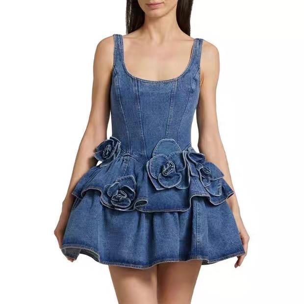 ROSE EMBELLISHED DENIM DRESS