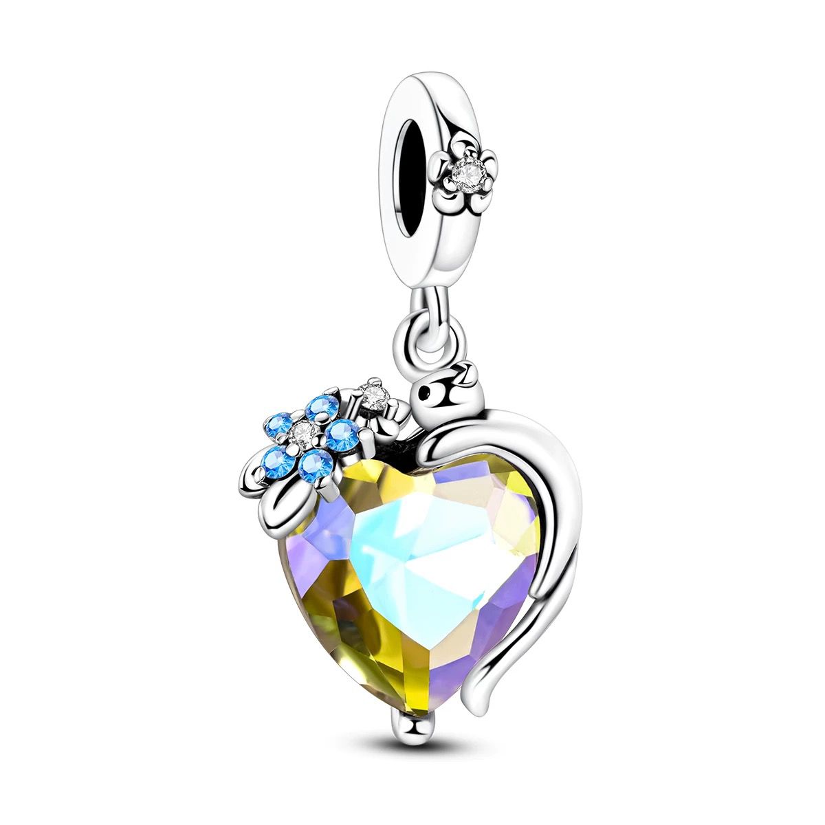 Aurora Heart & Blue Flower Dangle Charm