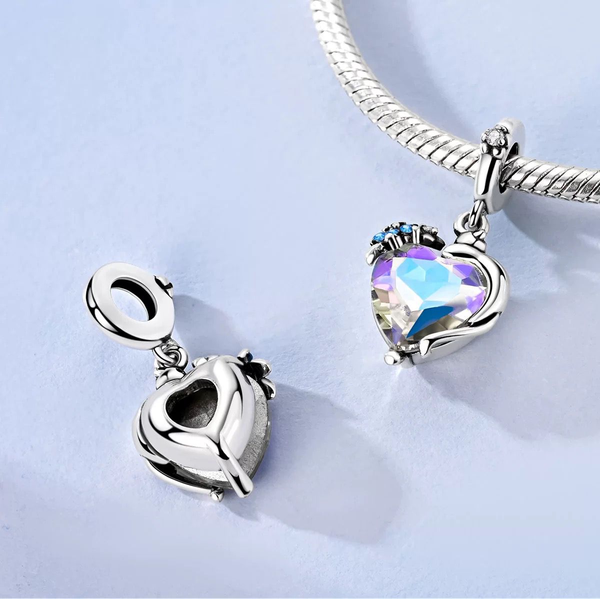 Aurora Heart & Blue Flower Dangle Charm