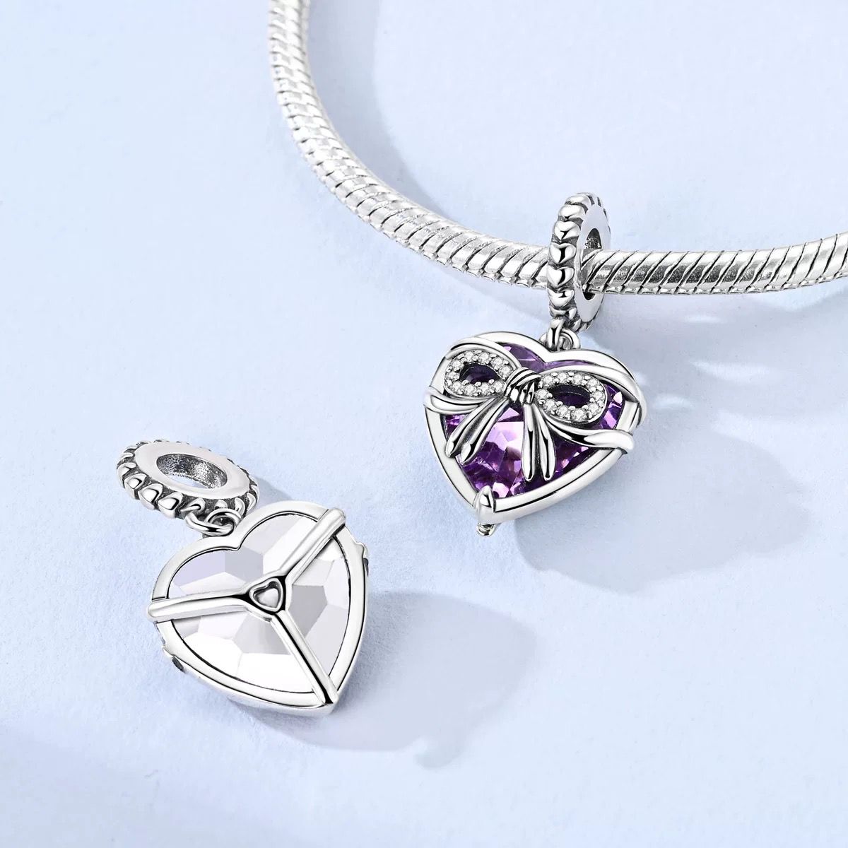 Amethyst Heart & Ribbon Bow Dangle Charm