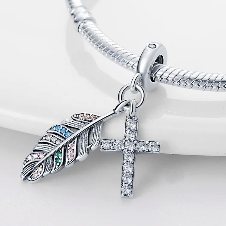 Multicolour Feather & Cross Dangle Charm