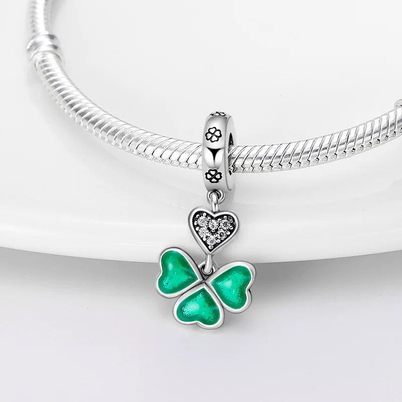 Green Enamel Clover & CZ Heart Dangle Charm