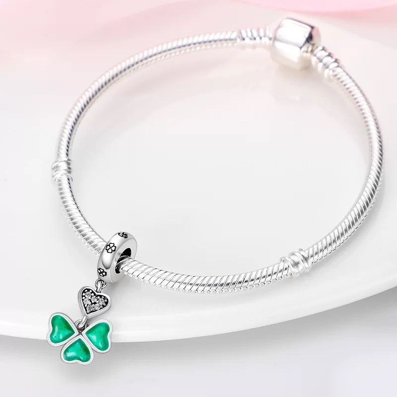 Green Enamel Clover & CZ Heart Dangle Charm