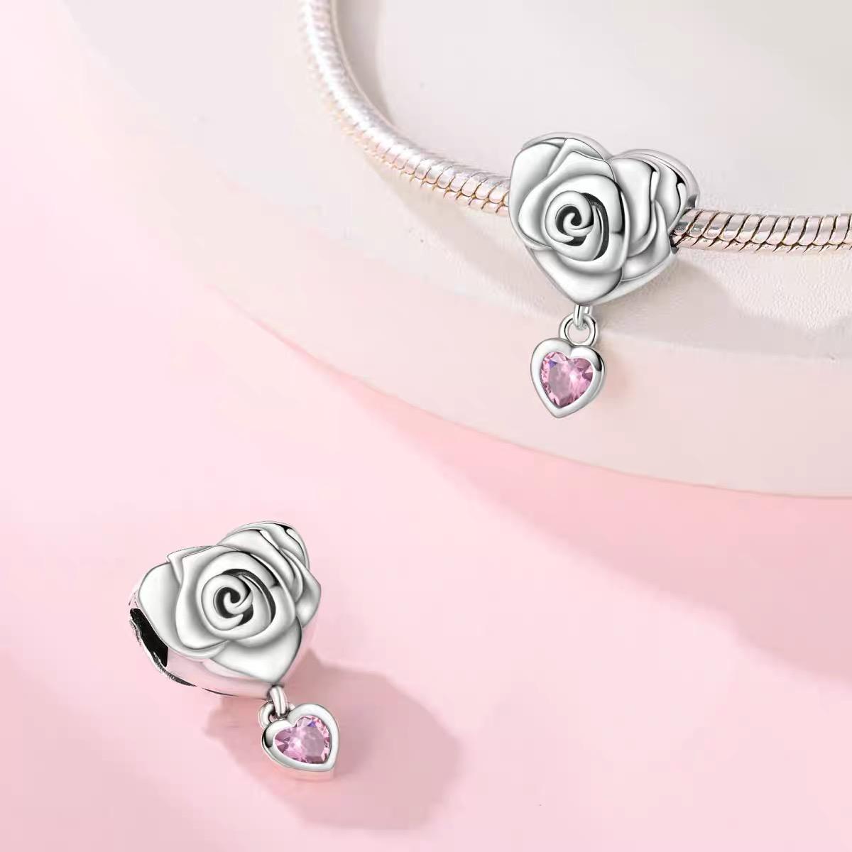 Sculpted Rose Heart & Pink CZ Drop Bead Charm