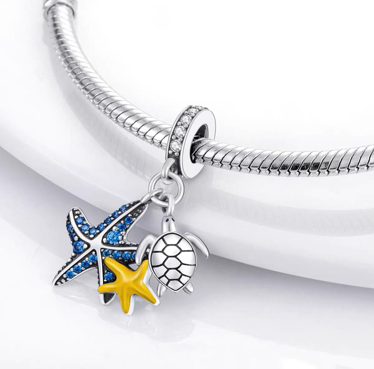 Blue CZ Starfish & Sea Turtle Dangle Charm