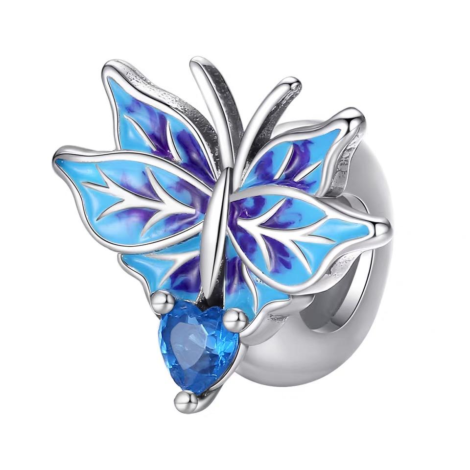 Blue Butterfly Enamel Heart CZ Bead Charm