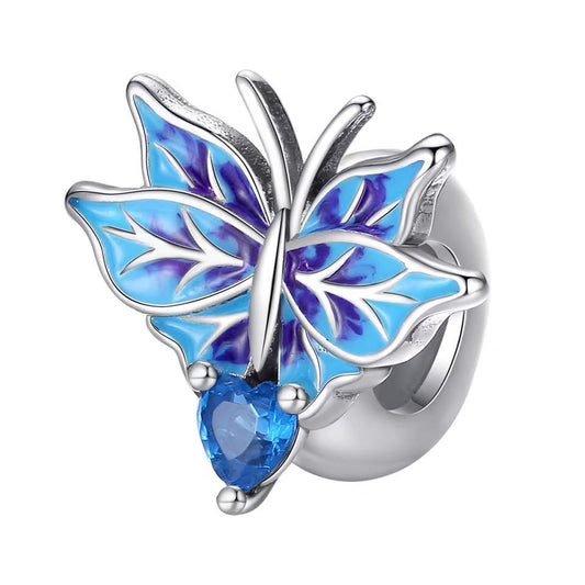 Blue Butterfly Enamel Heart CZ Bead Charm