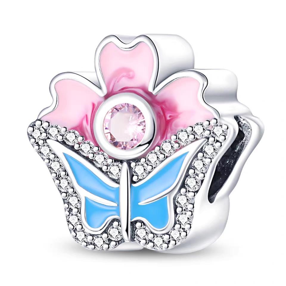 Pink Flower & Blue Butterfly Pavé CZ Clip Charm