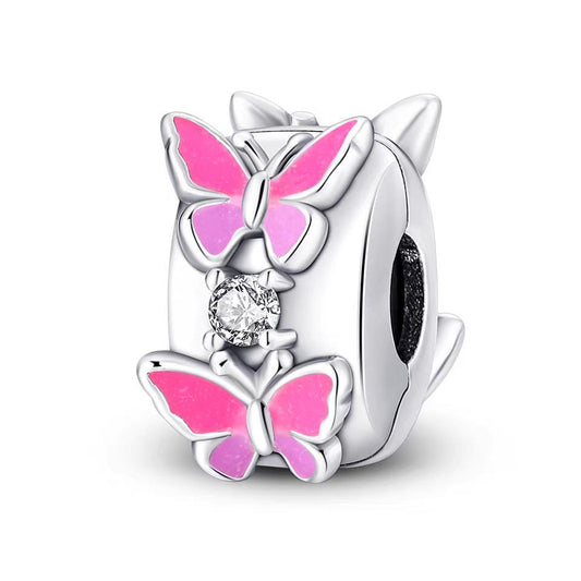 Double Pink Butterfly Enamel CZ Clip Charm