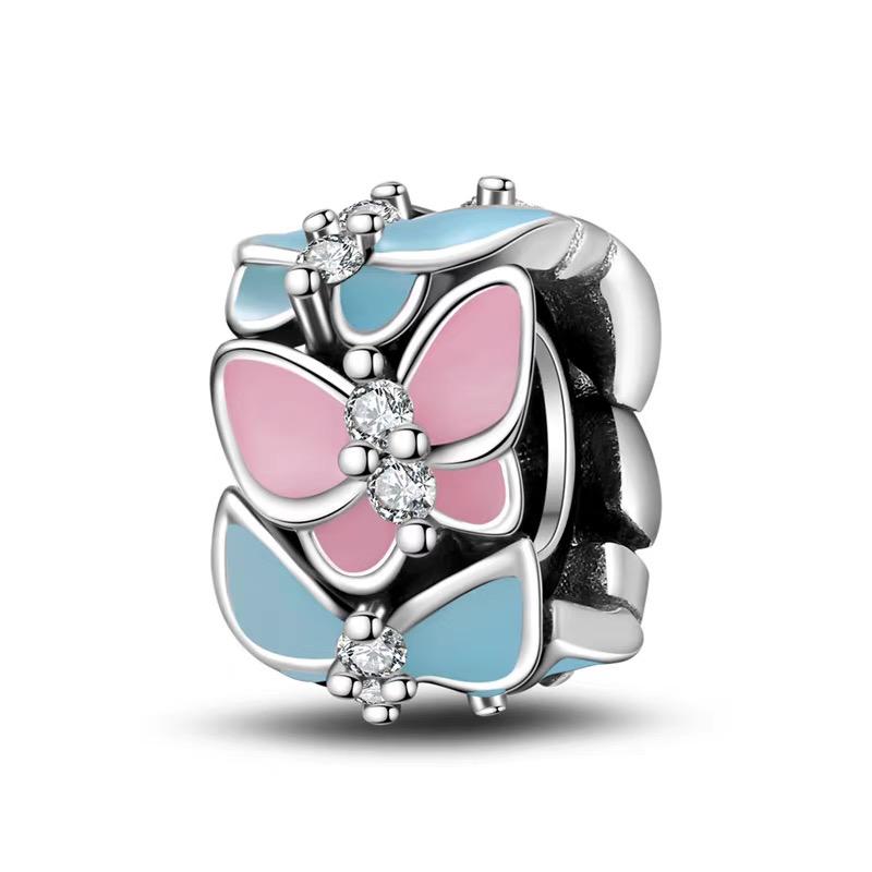 Pink & Blue Butterfly Duo Enamel CZ Clip Bead Charm