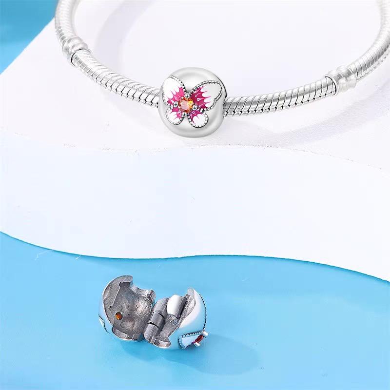 Pink Butterfly White Enamel Orange CZ Round Bead Charm