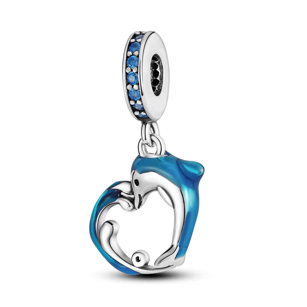 Double Dolphin Heart Blue Enamel CZ Dangle Charm