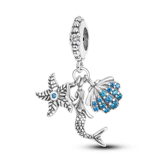 Ocean Trio Mermaid Starfish Shell Blue CZ Dangle Charm