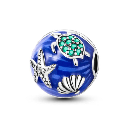 Ocean World Blue Enamel Turtle Starfish Shell CZ Bead Charm
