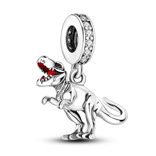 T-Rex Dinosaur Red Enamel Clear CZ Dangle Charm