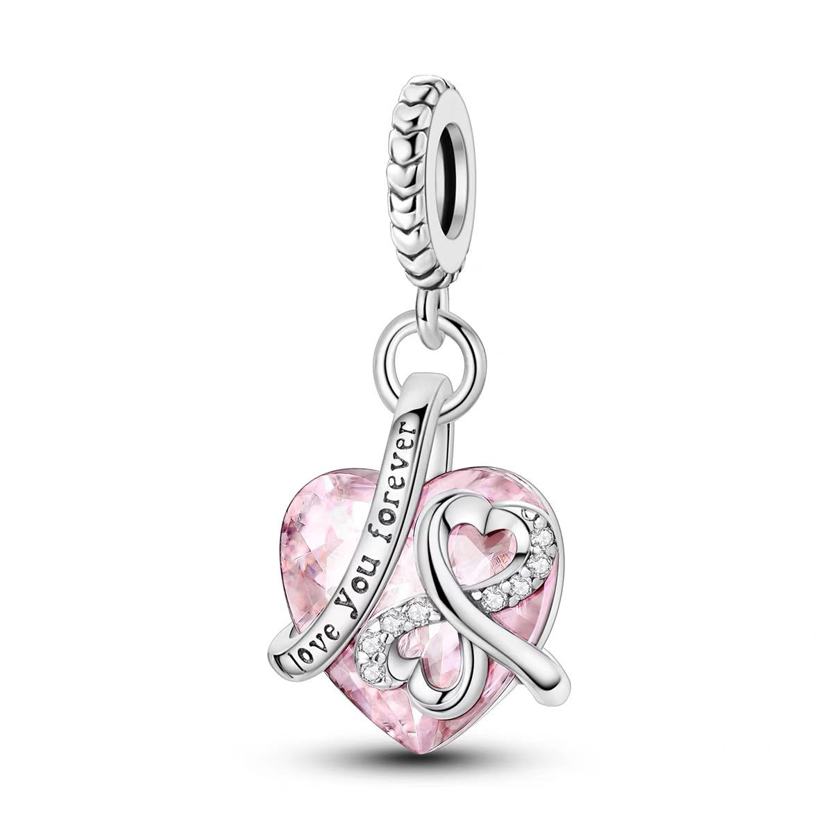 Love You Forever Pink Crystal Heart Dangle Charm