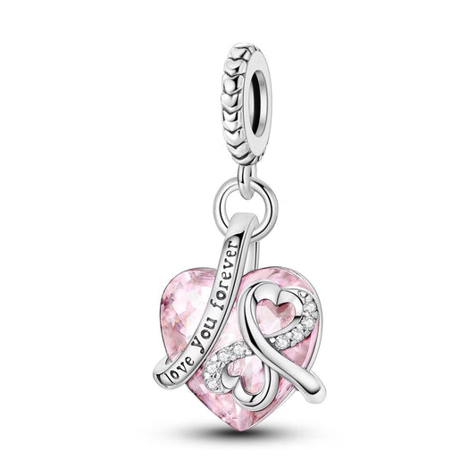 Love You Forever Pink Crystal Heart Dangle Charm