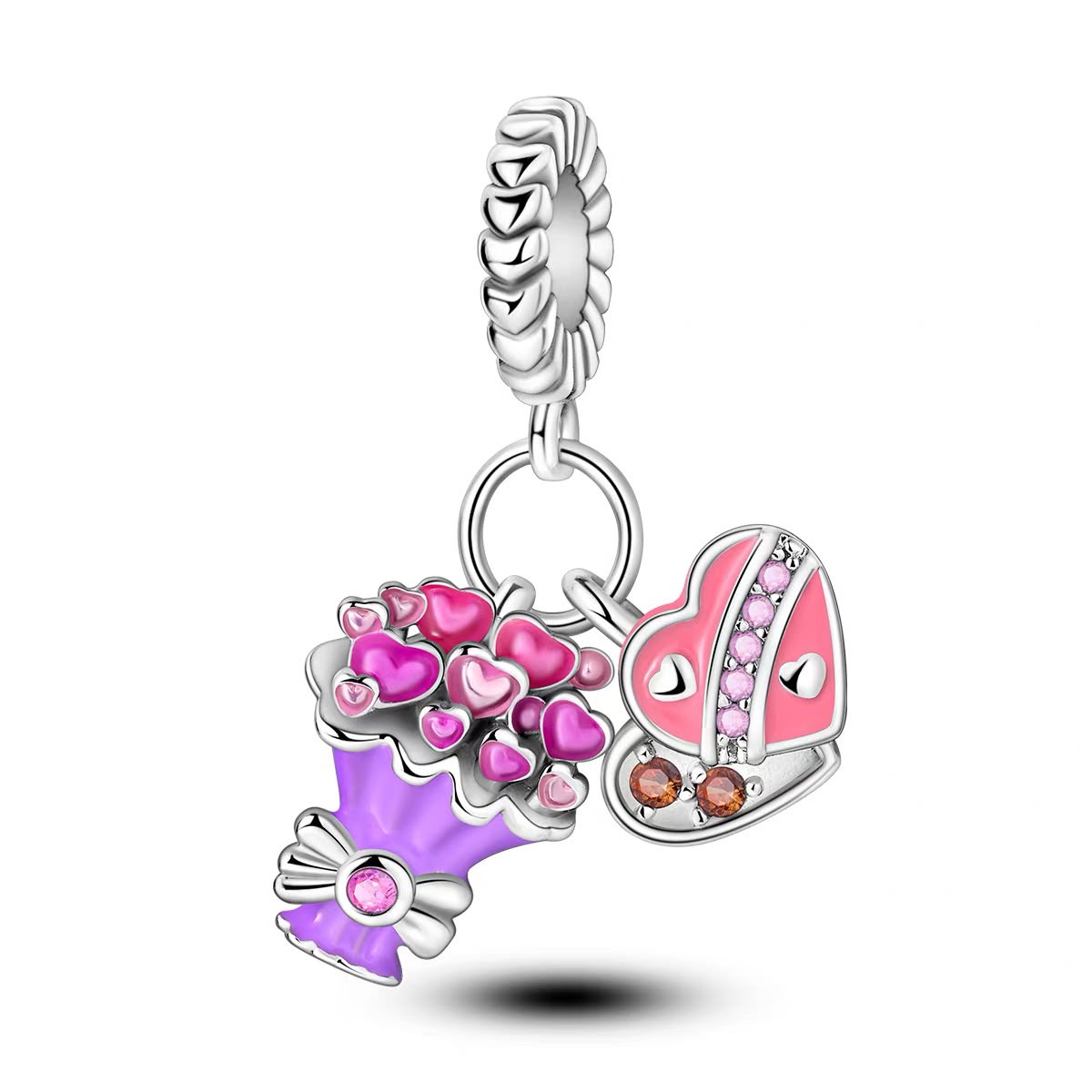 Flower Bouquet & Heart Bag Double Dangle Charm