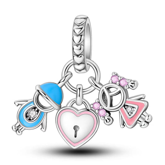 Boy Girl & Heart Lock Triple Dangle Charm