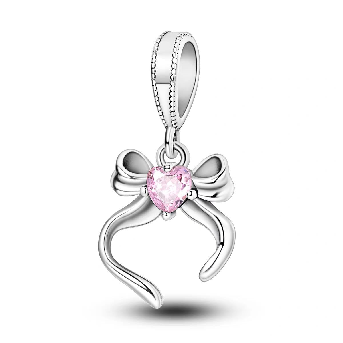 Silver Bow & Pink Heart Dangle Charm