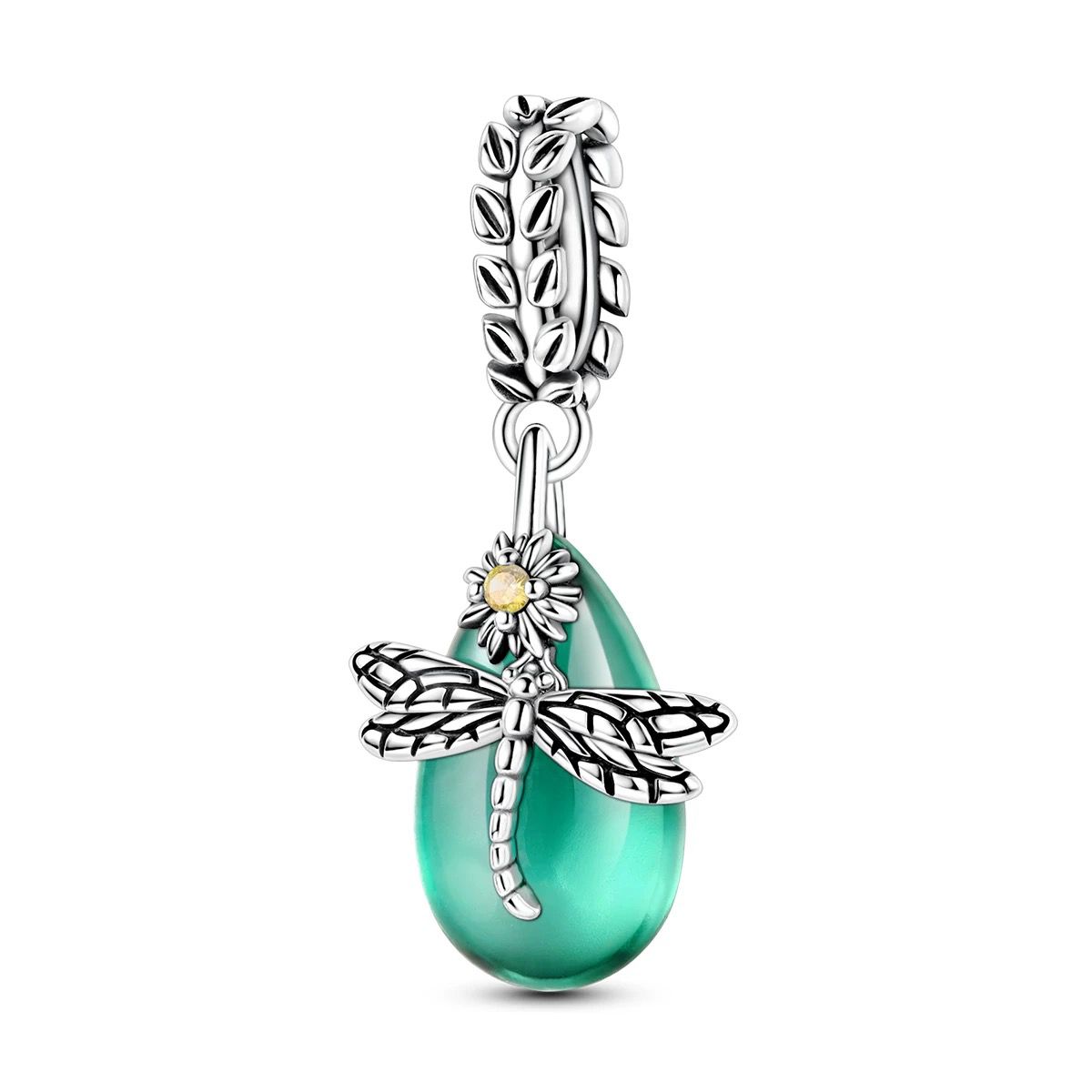 Green Murano Drop & Dragonfly Dangle Charm