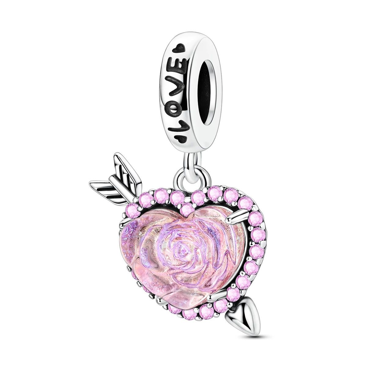 Pink Rose & Cupid Arrow Heart Dangle Charm