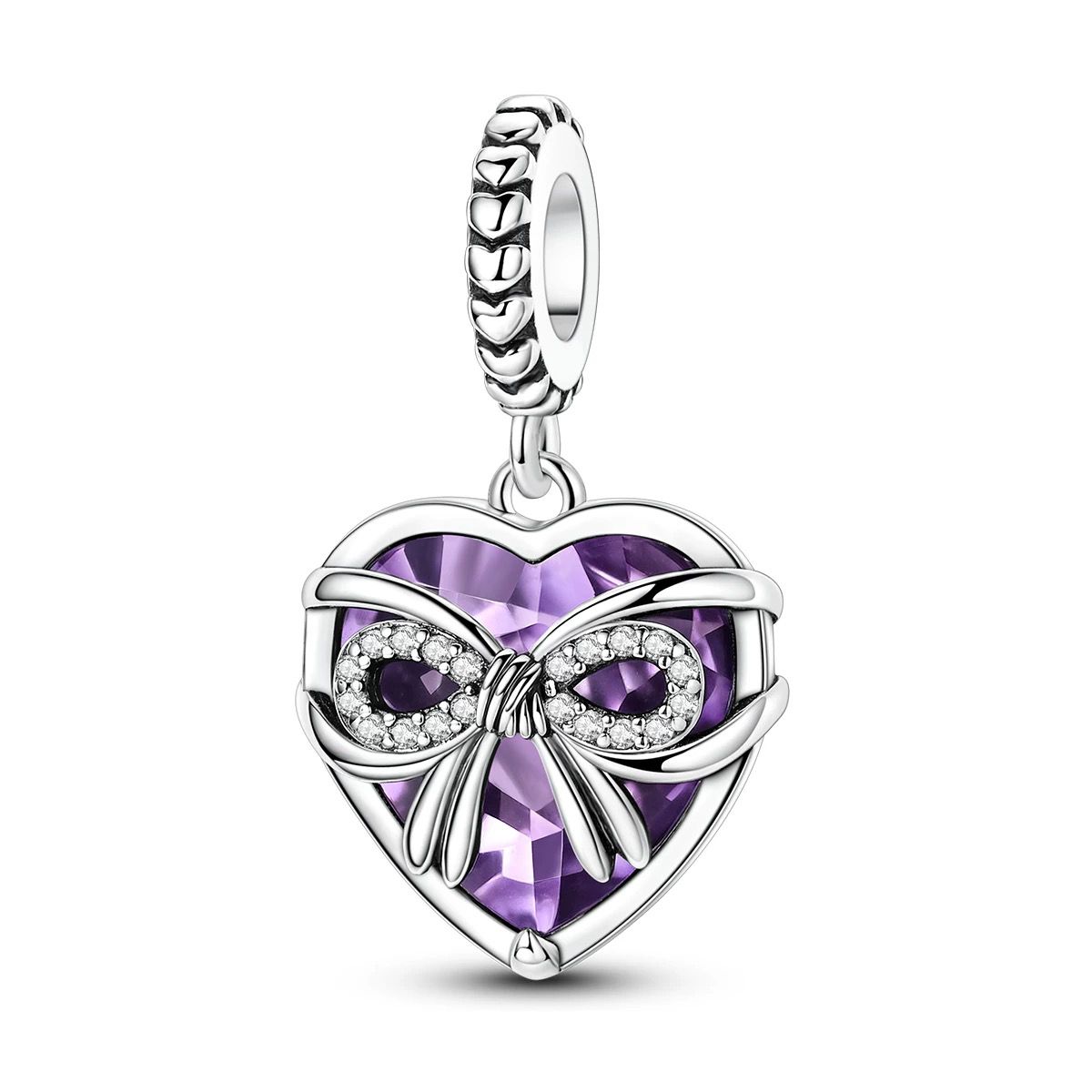 Amethyst Heart & Ribbon Bow Dangle Charm