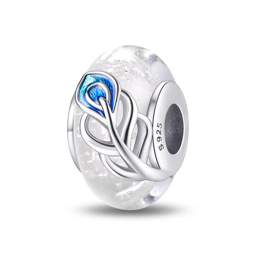 Peacock Feather White Murano Bead Charm