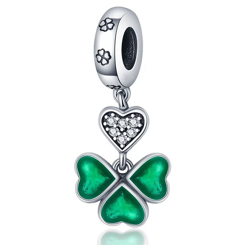 Green Enamel Clover & CZ Heart Dangle Charm