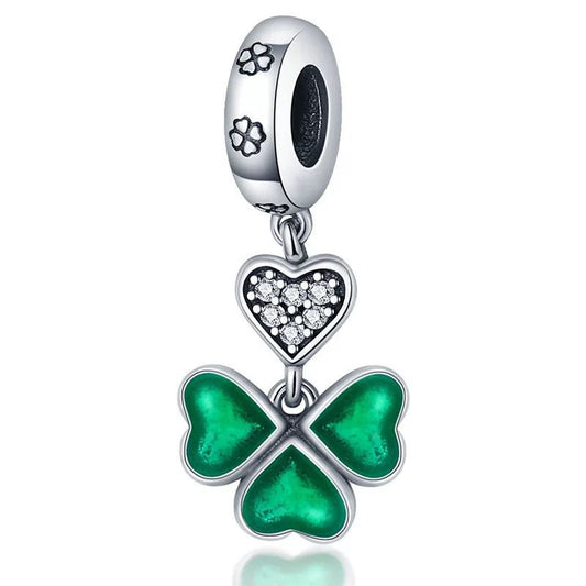 Green Enamel Clover & CZ Heart Dangle Charm