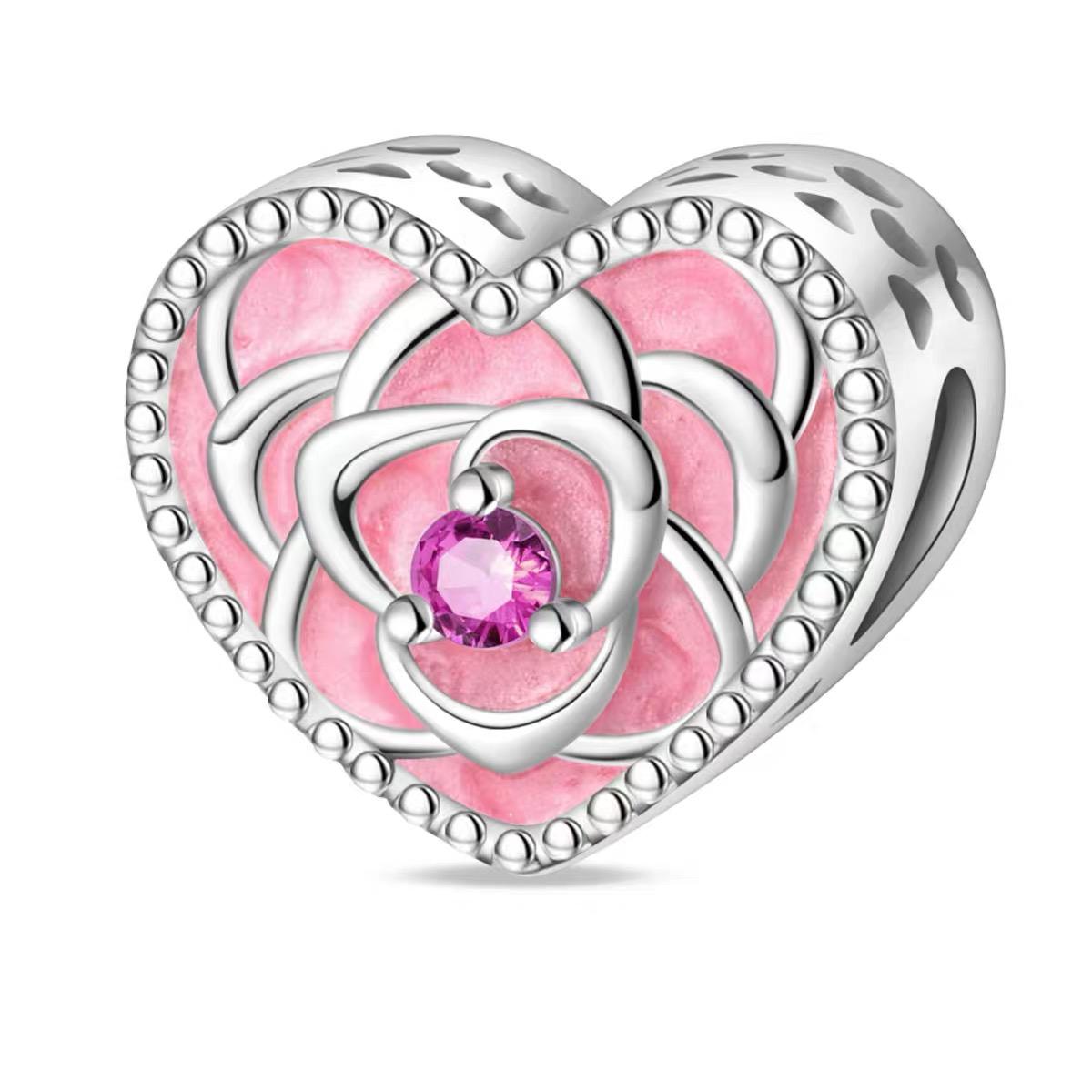 Pink Rose Heart Openwork Bead Charm