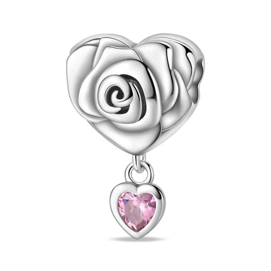 Sculpted Rose Heart & Pink CZ Drop Bead Charm