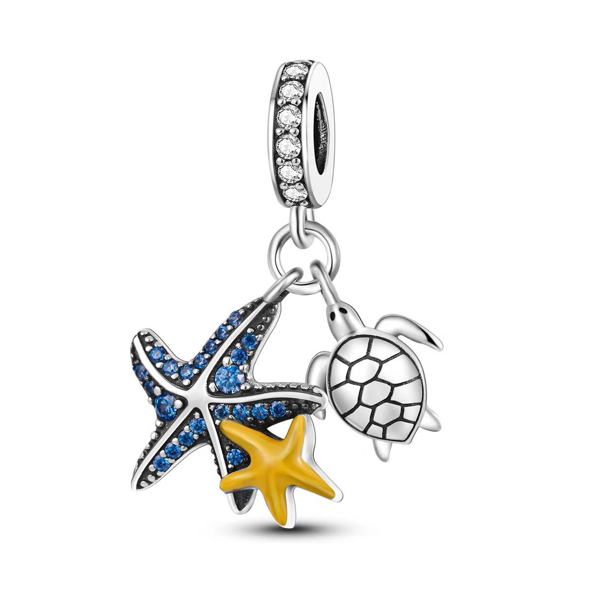 Blue CZ Starfish & Sea Turtle Dangle Charm