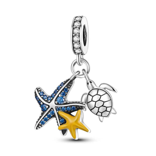 Blue CZ Starfish & Sea Turtle Dangle Charm