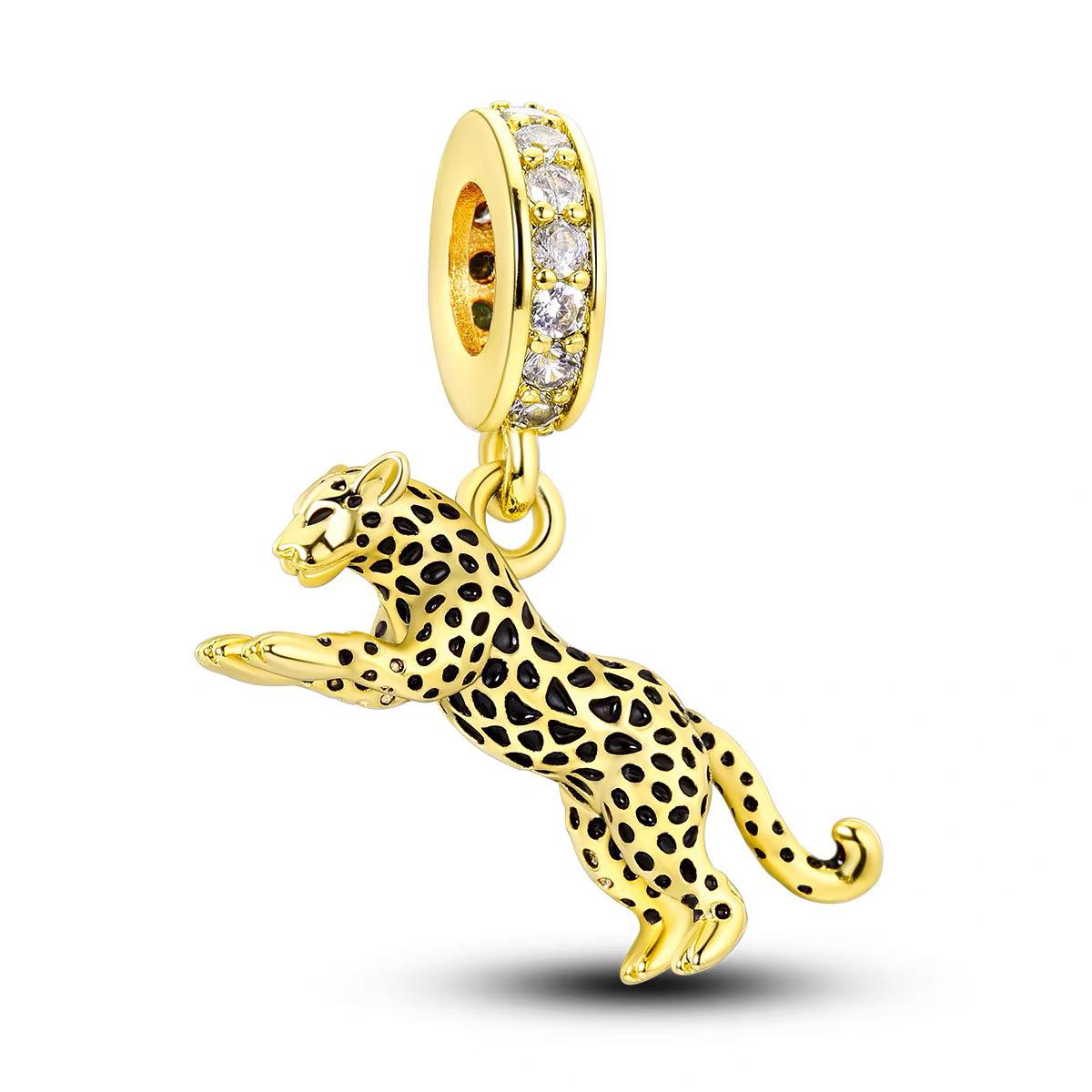 Gold Leaping Leopard Black Spot Dangle Charm